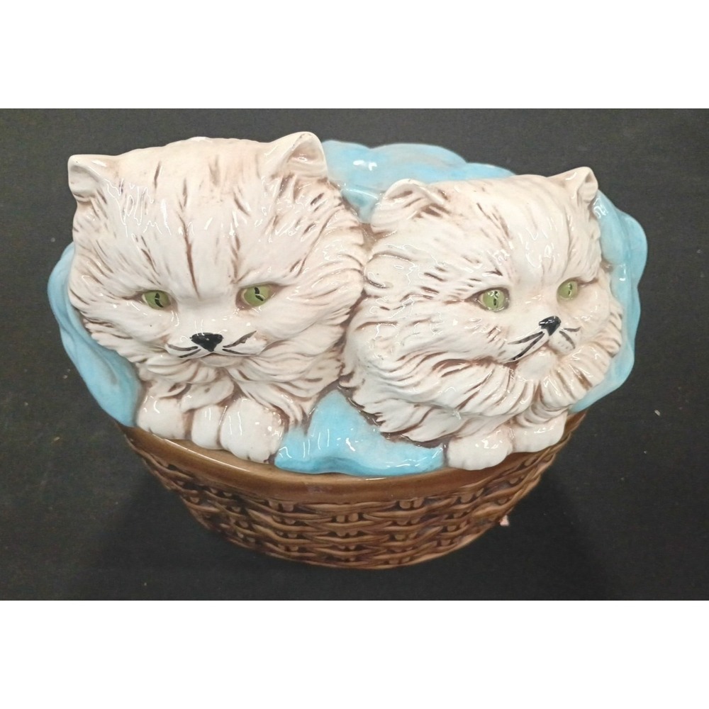 Large Ceramic Cats in a Basket Storage Lid Persian Vintage Hand Painted Signed